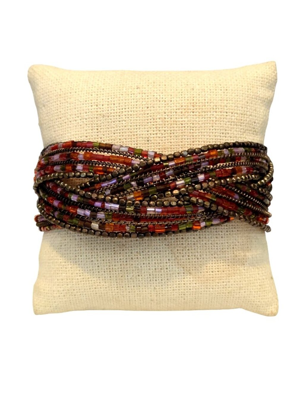 Red & Bronze Seed Beaded Braided Cuff Bracelet